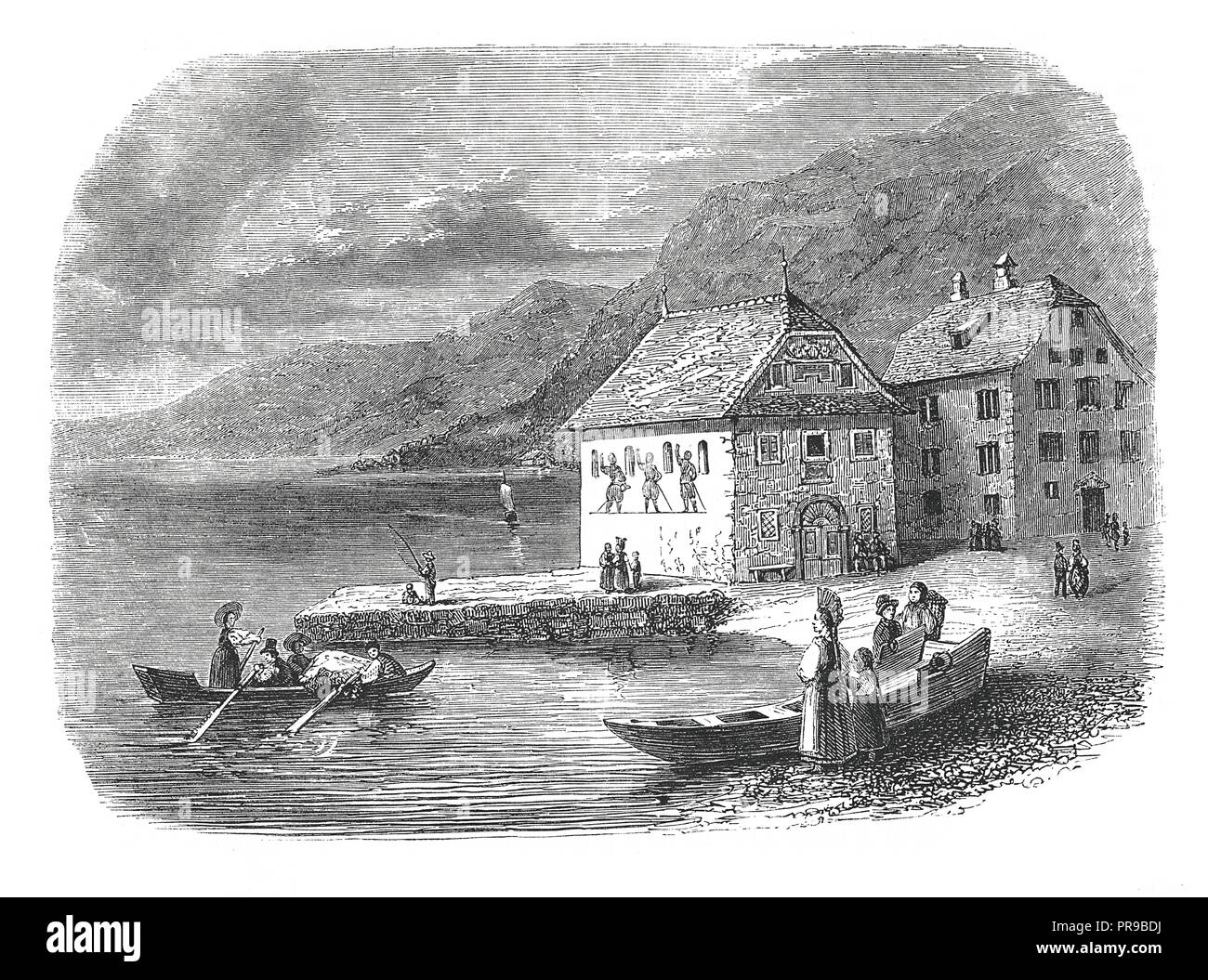 19ème siècle illustration du port de Brunnen, canton Schwytz (Suisse). Dessins originaux publiés dans le magasin Pittoresque par M. A. Lachevard Banque D'Images