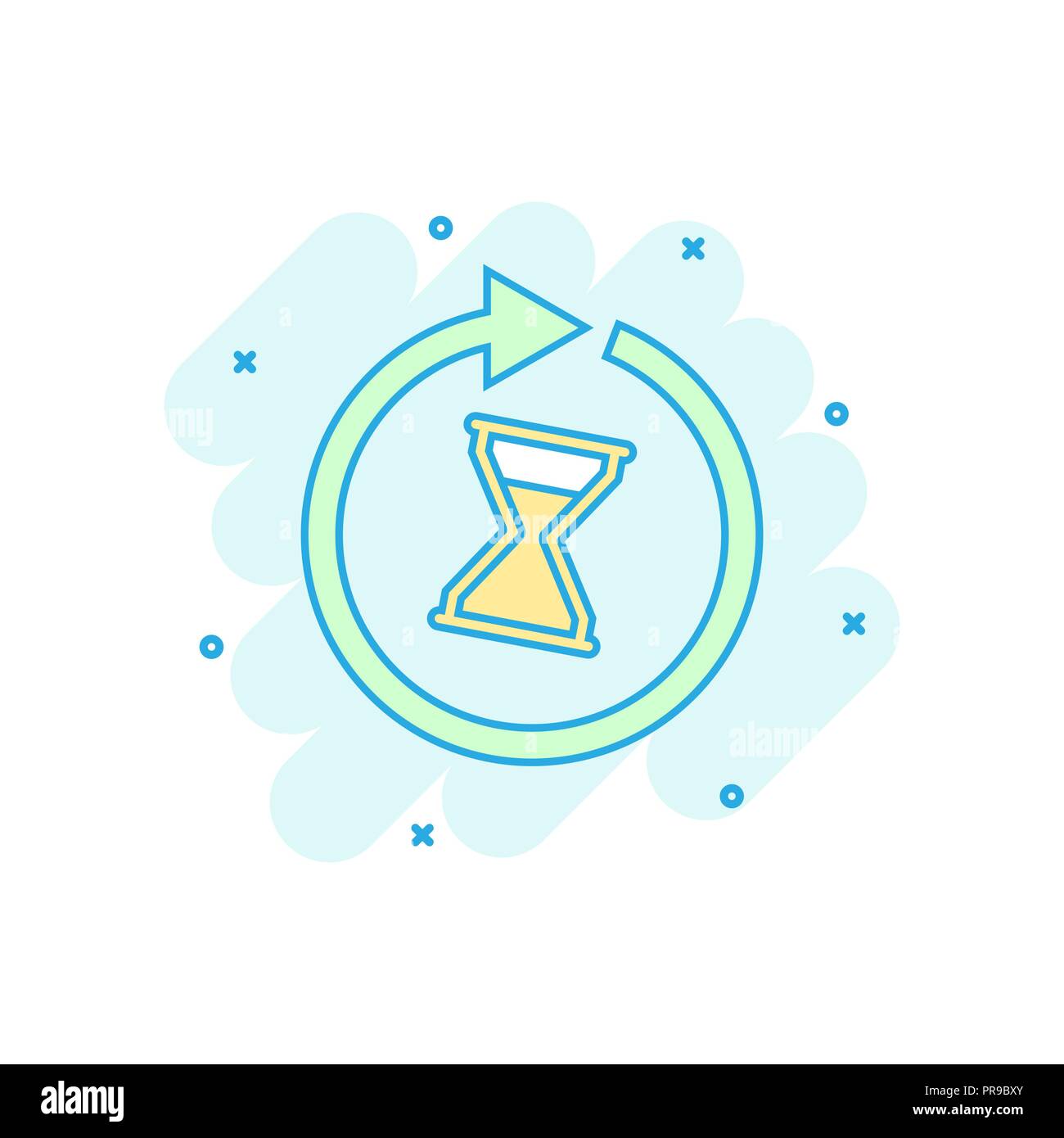 Couleur caricature icône heure dans le style comique. Illustration Hourglass pictogramme. Horloge sablier sign splash concept d'entreprise. Illustration de Vecteur