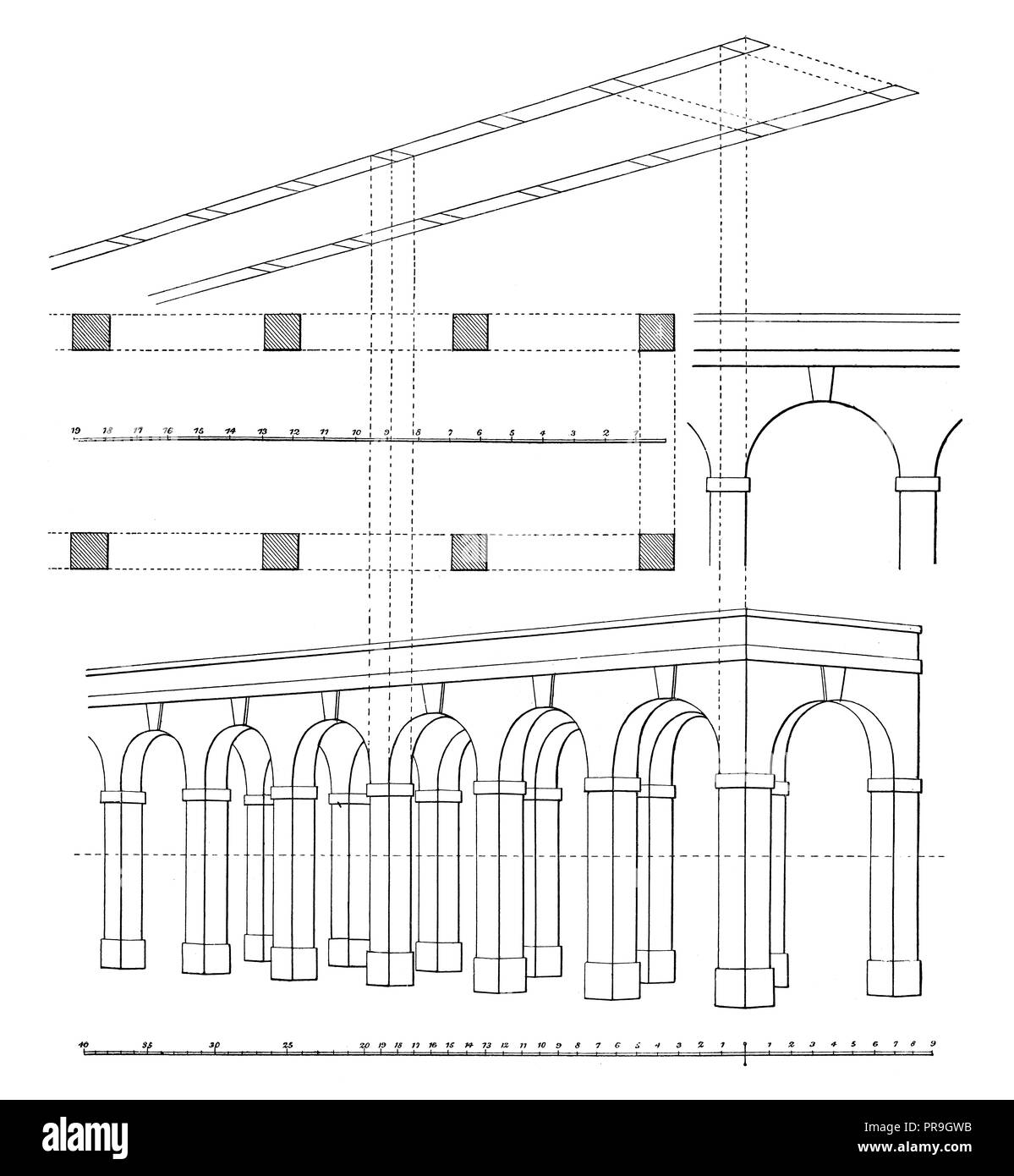 19ème siècle Illustration d'une méthode simple de délimiter les sujets d'architecture en perspective, à laquelle l'échelle habituelle de parties égales sont appli Banque D'Images