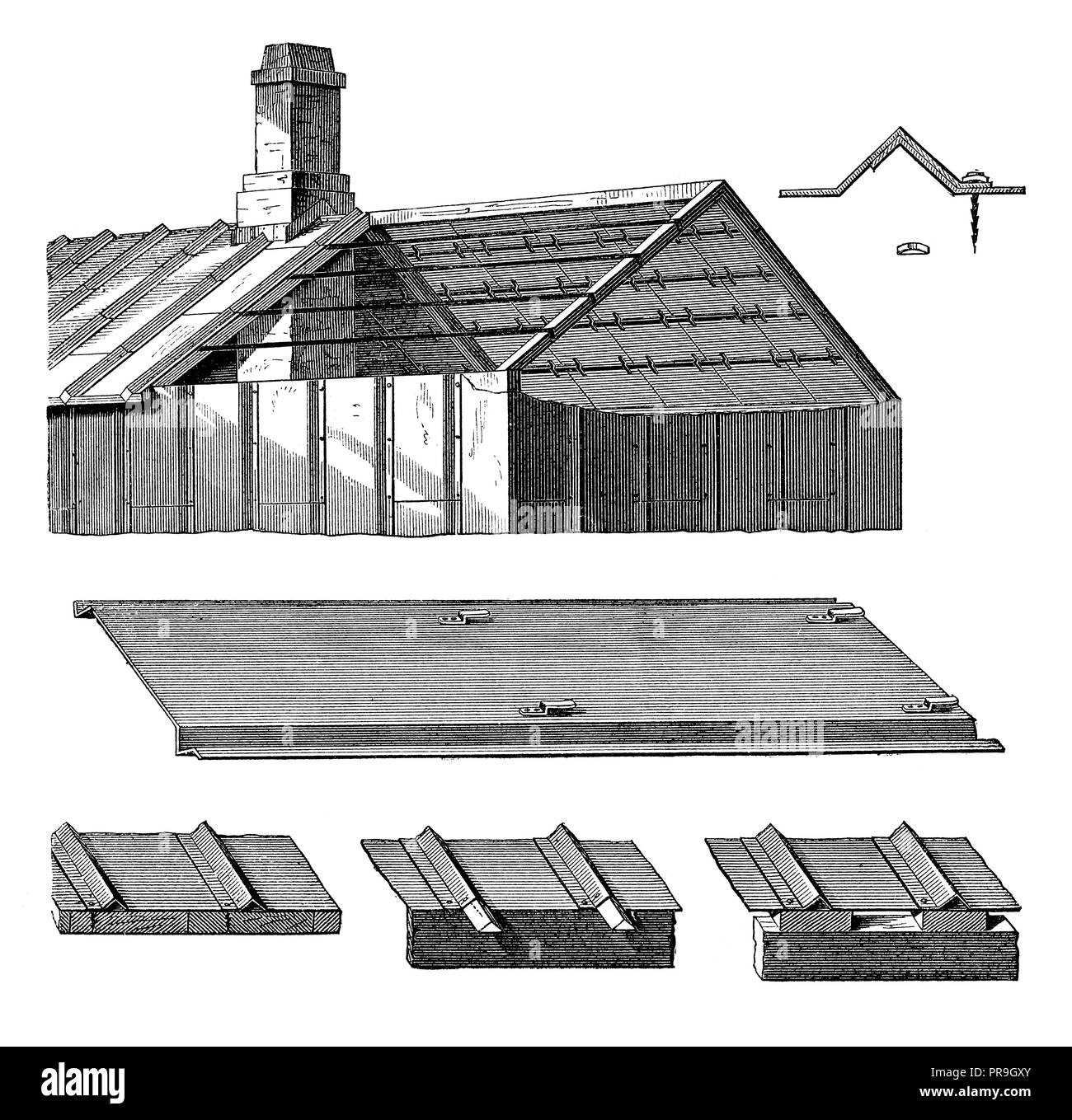 19ème siècle illustration de toiture de tôle, qui a été breveté par W.S. Ceinture de Cincinnati (Ohio) en 1871. Publié dans "Le Magazine, une pratique Banque D'Images