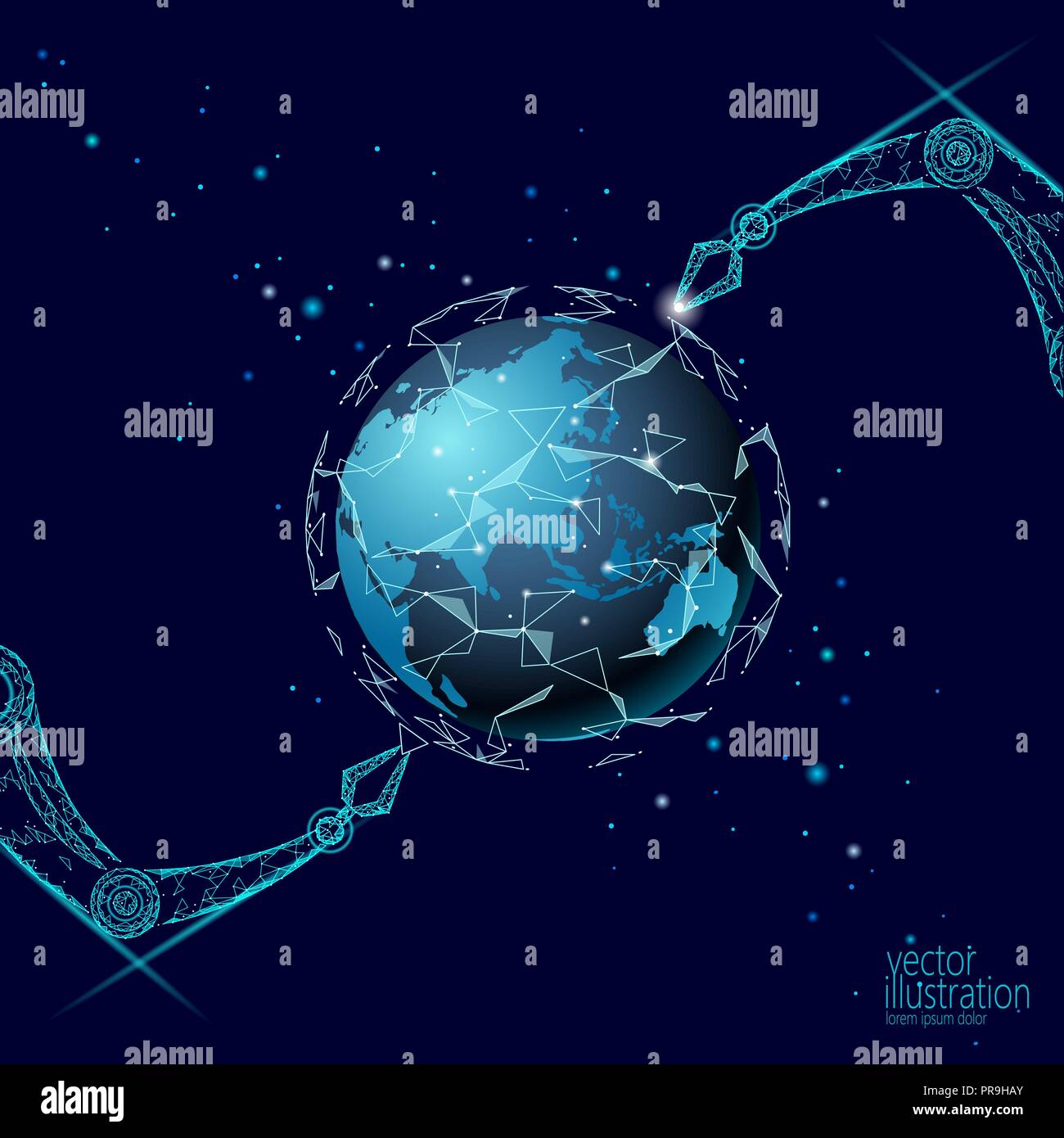 Bras du robot manipulateur poly faible. Construire l'écologie de la terre en forme de triangle de l'assemblée. Points connectés polygonale 3D render artificielle robotique machines Innovation, technologie part vector illustration Illustration de Vecteur