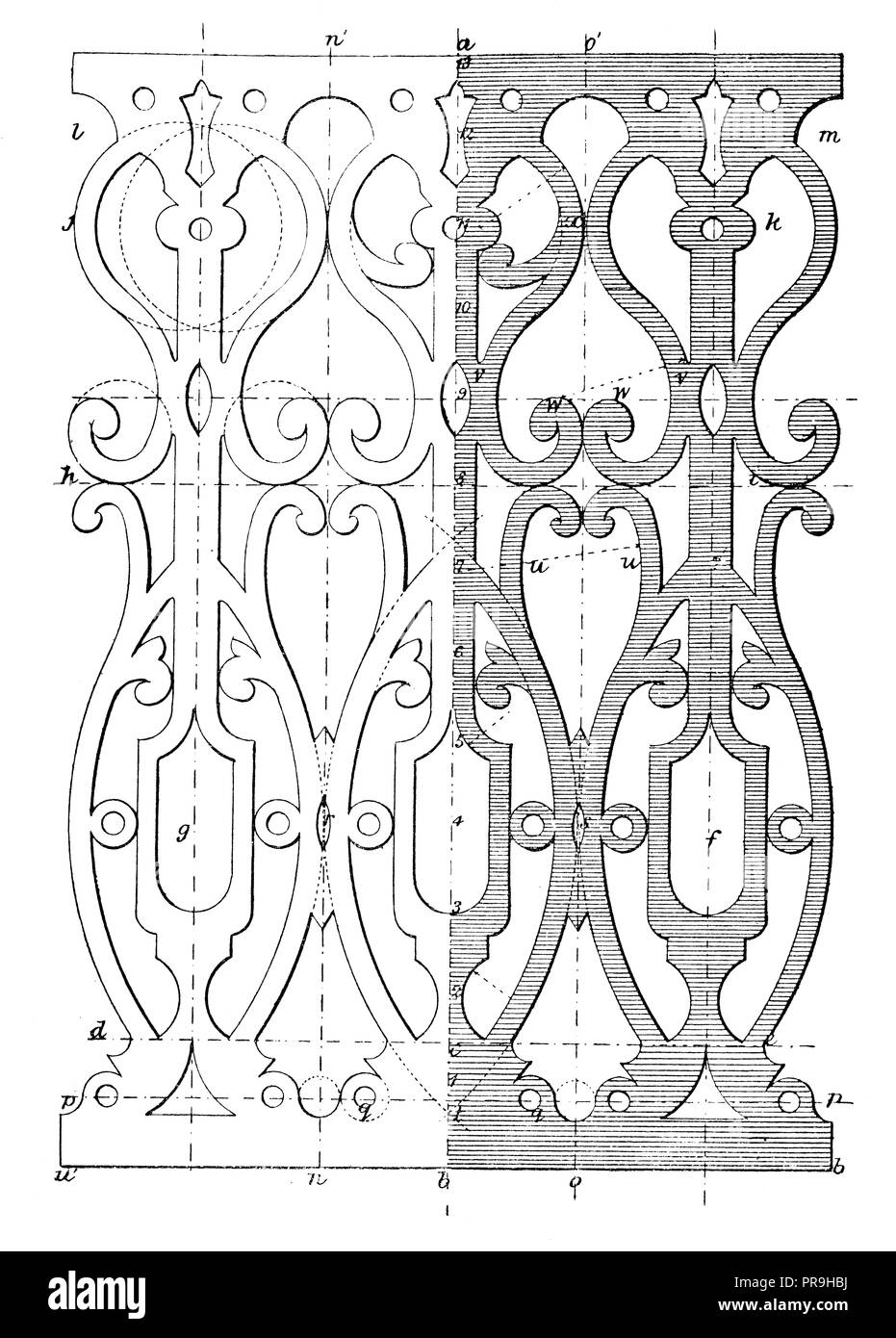19ème siècle Illustration d'un dessin pour couper le bois travailler avec conduites de travail et centres - pour une balustrade ou ouvrir ballustrade. Publié dans 'T Banque D'Images 19ème siècle Illustration d'un dessin pour couper le bois travailler avec conduites de travail et centres - pour une balustrade ou ouvrir ballustrade. Publié dans 'T Banque D'Images