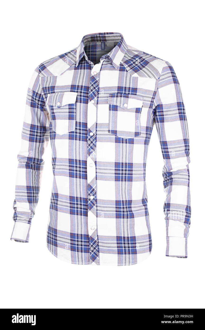 Casual chemise bleu et blanc à motif grille isolé sur fond blanc Banque D'Images