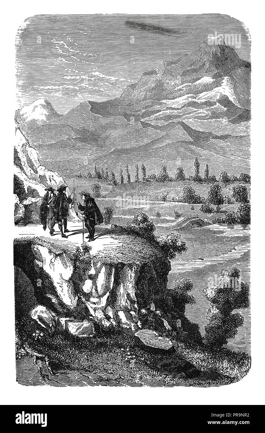 19-ème siècle Illustration d'une scène avec Perier et Pascal dans la vallée de montagne Puy de Dôme, Centre de la France, l'exécution de l'expérience pour le Banque D'Images