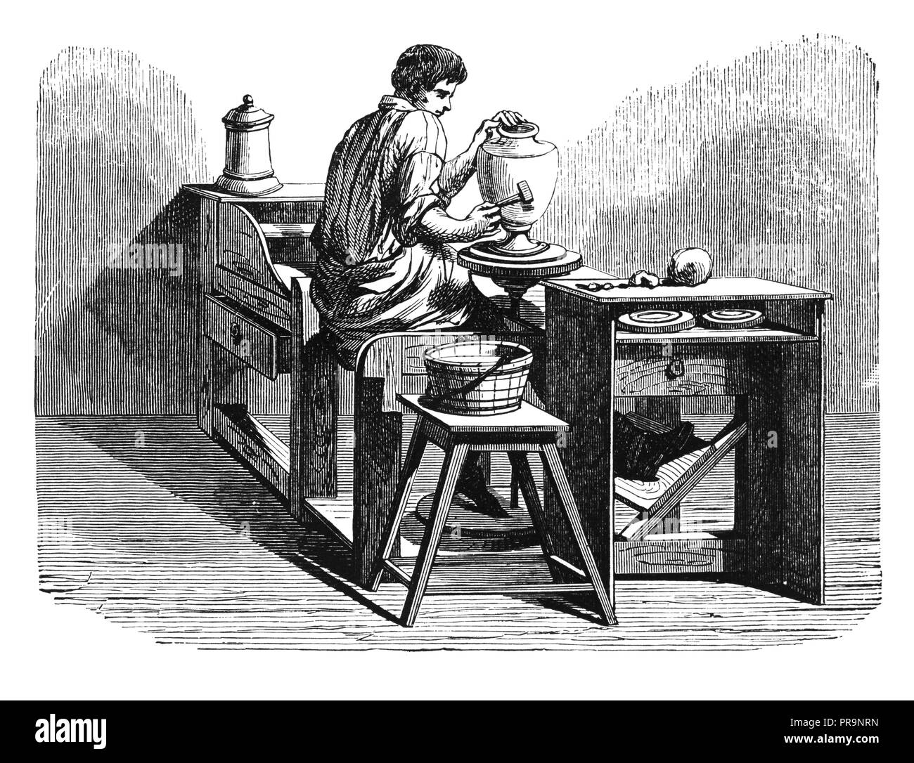 19-ème siècle Illustration d'un bol en porcelaine sur un tour de potier. Publié dans 'Novoveki obrtu, Izumi u znanosti i umjetnosti' par dr. Bogoslav Sulek Banque D'Images