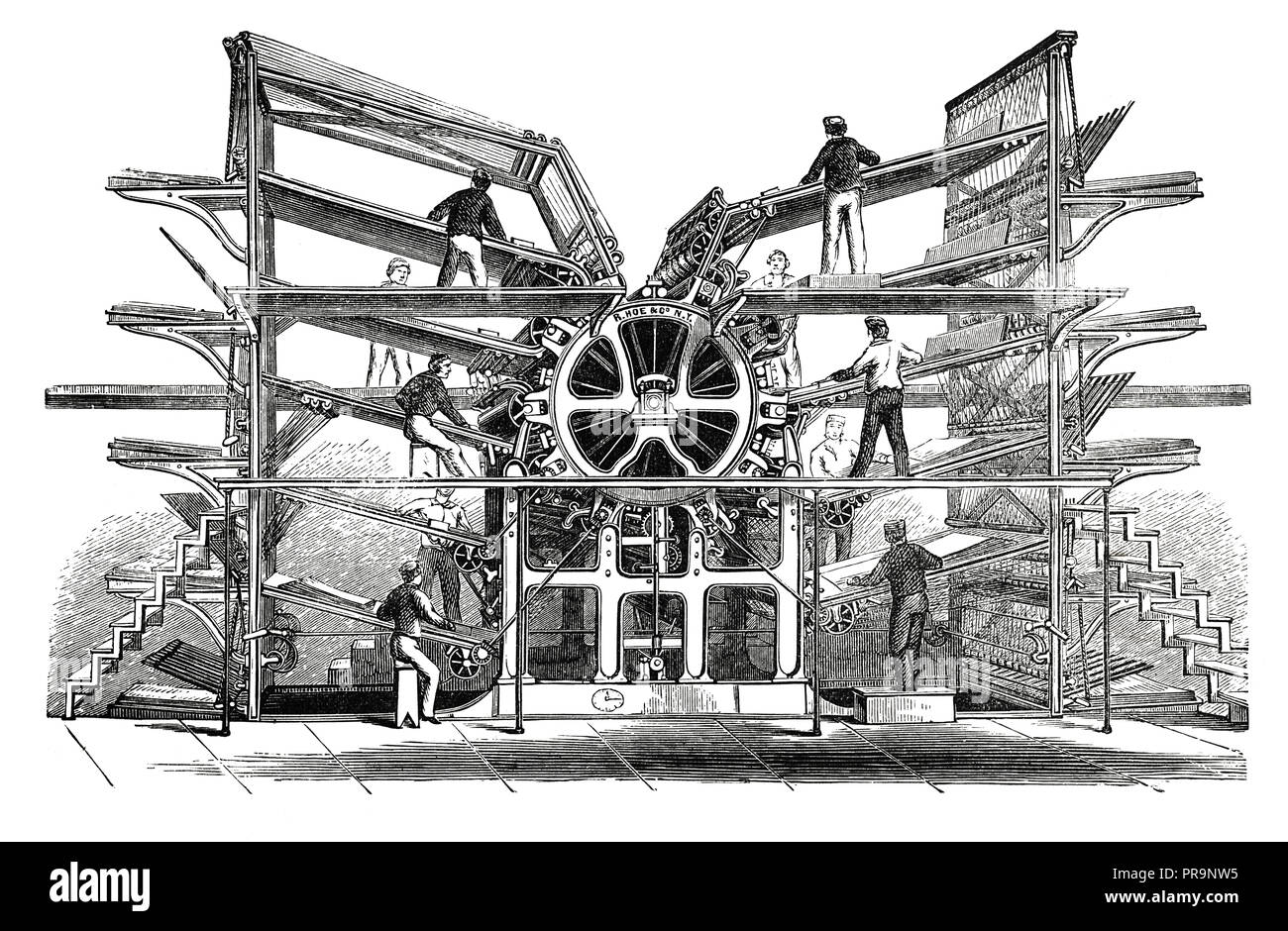 19-ème siècle Illustration d'une presse rotative, inventé par Richard Hoe Mars 1812 (1886). Publié dans Novoveki obrtu Izumi u znanosti, j'umje Banque D'Images