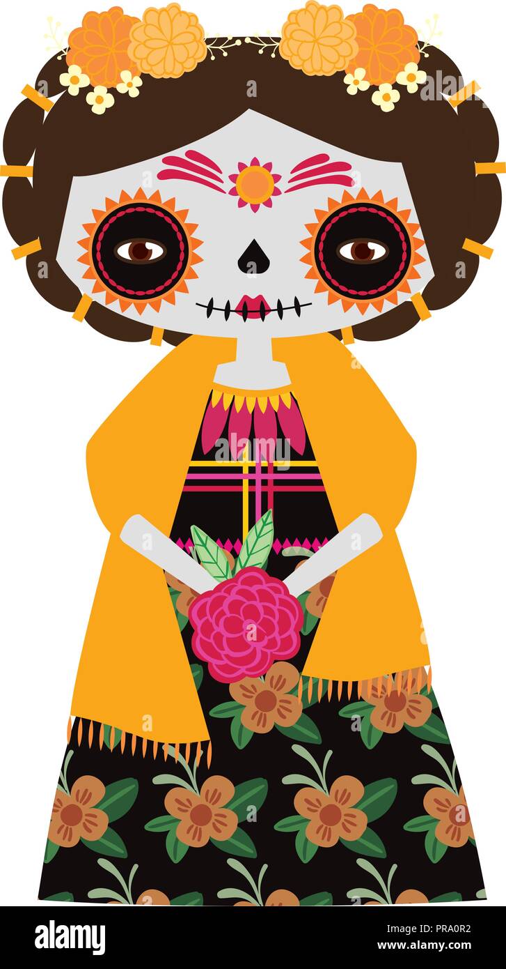 Vector illustration de poupée catrina jaune sur un fond blanc. Célébrer la fête des morts et Halloween. Utilisation dans le scrapbooking, de l'artisanat Illustration de Vecteur