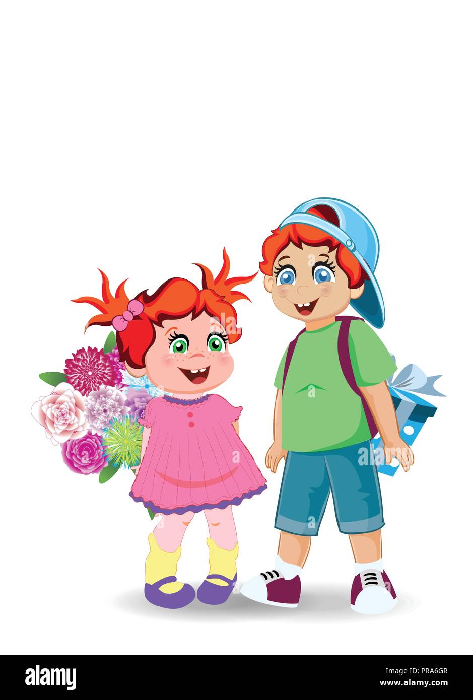 Cartoon illustration d'adorables petits enfants avec des fleurs et des  présents. Maison de vacances célébration clip art de garçon et fille  caractères pour Joyeux anniversaire, retour à Image Vectorielle Stock -  Alamy