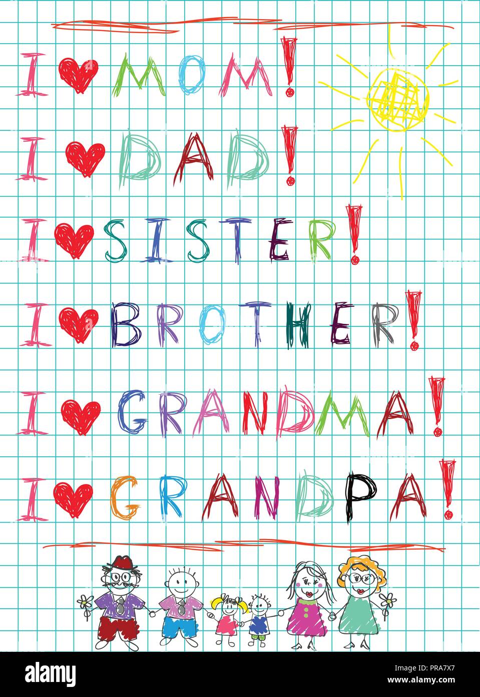 Enfants part écrit précédemment j'aime ma famille et les personnages dessinés à la main de maman, papa, enfants et grands-parents sur fond d'ordinateur portable. Lettrage bébé ve Illustration de Vecteur