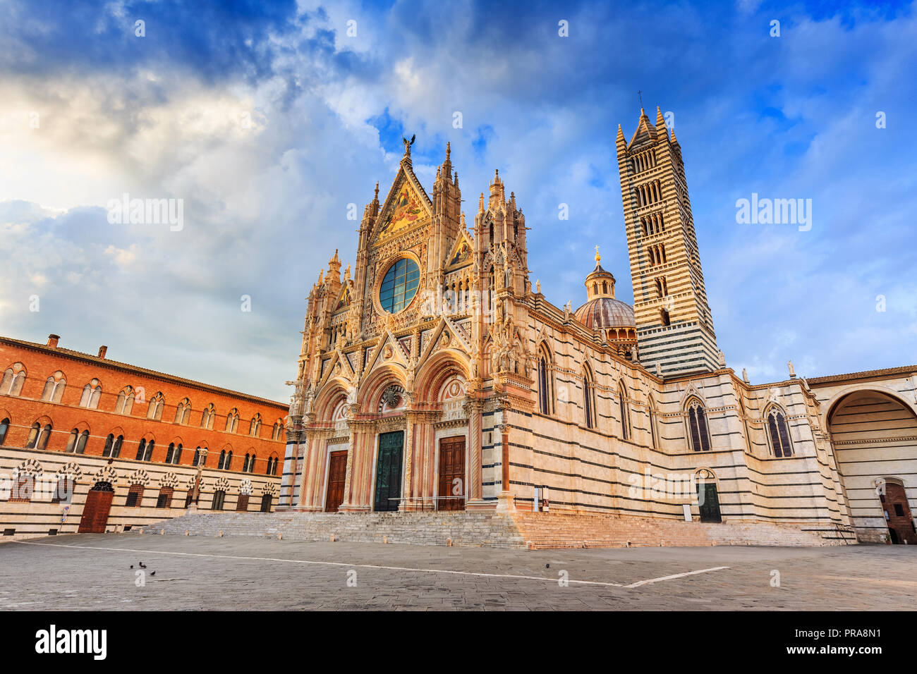 Sienne, Italie. La Cathédrale de Sienne (Duomo di Siena) au coucher du soleil. Banque D'Images