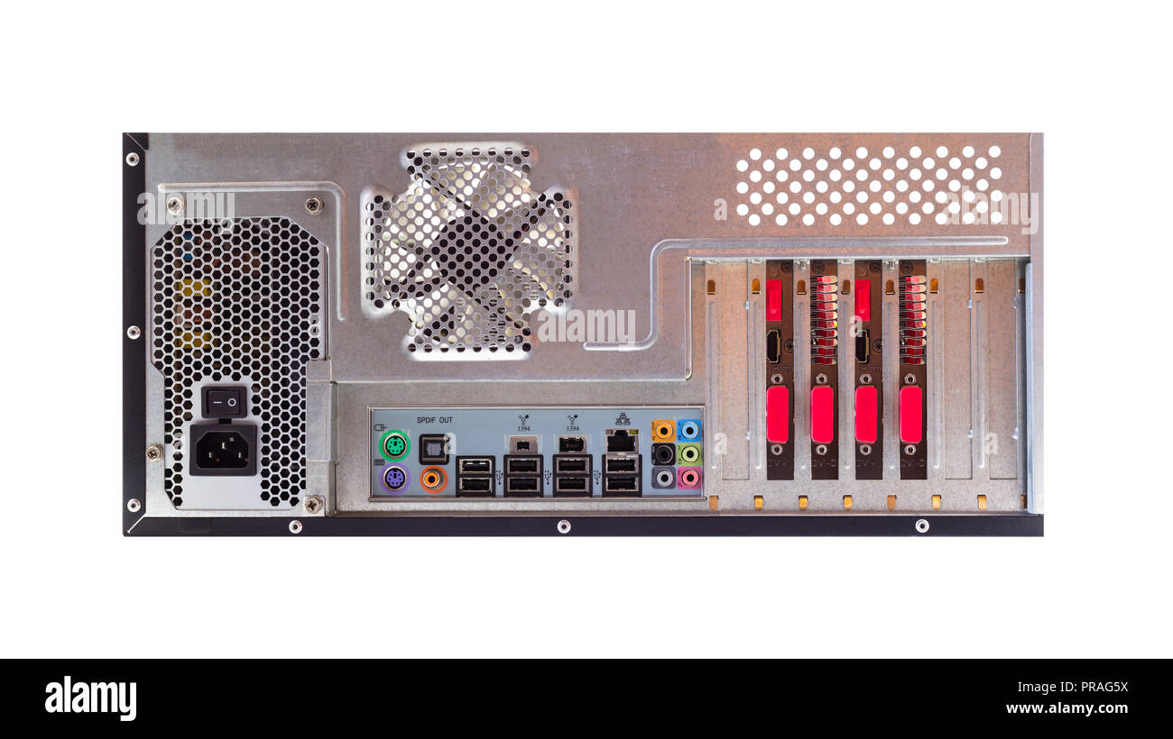 Vue depuis l'arrière d'un ordinateur de bureau avec un panneau de connexion visible, audio, LAN, souris, clavier, USB. Banque D'Images