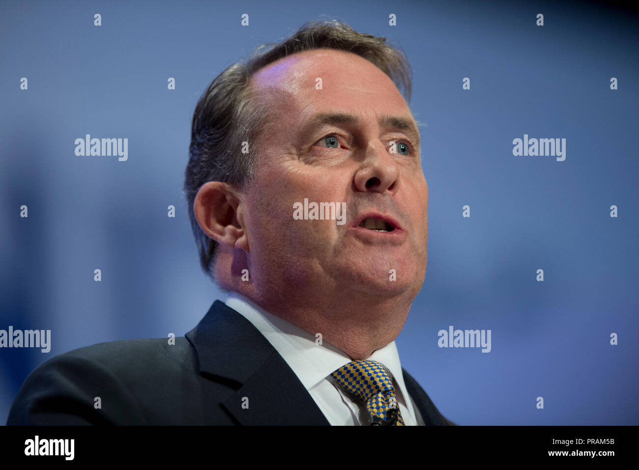 Birmingham, UK. Le 30 septembre 2018. Liam Fox, Secrétaire d'État chargé du Commerce international et président de la Chambre de commerce et député conservateur de Somerset du Nord, prend la parole à la conférence du parti conservateur à Birmingham. © Russell Hart/Alamy Live News. Banque D'Images