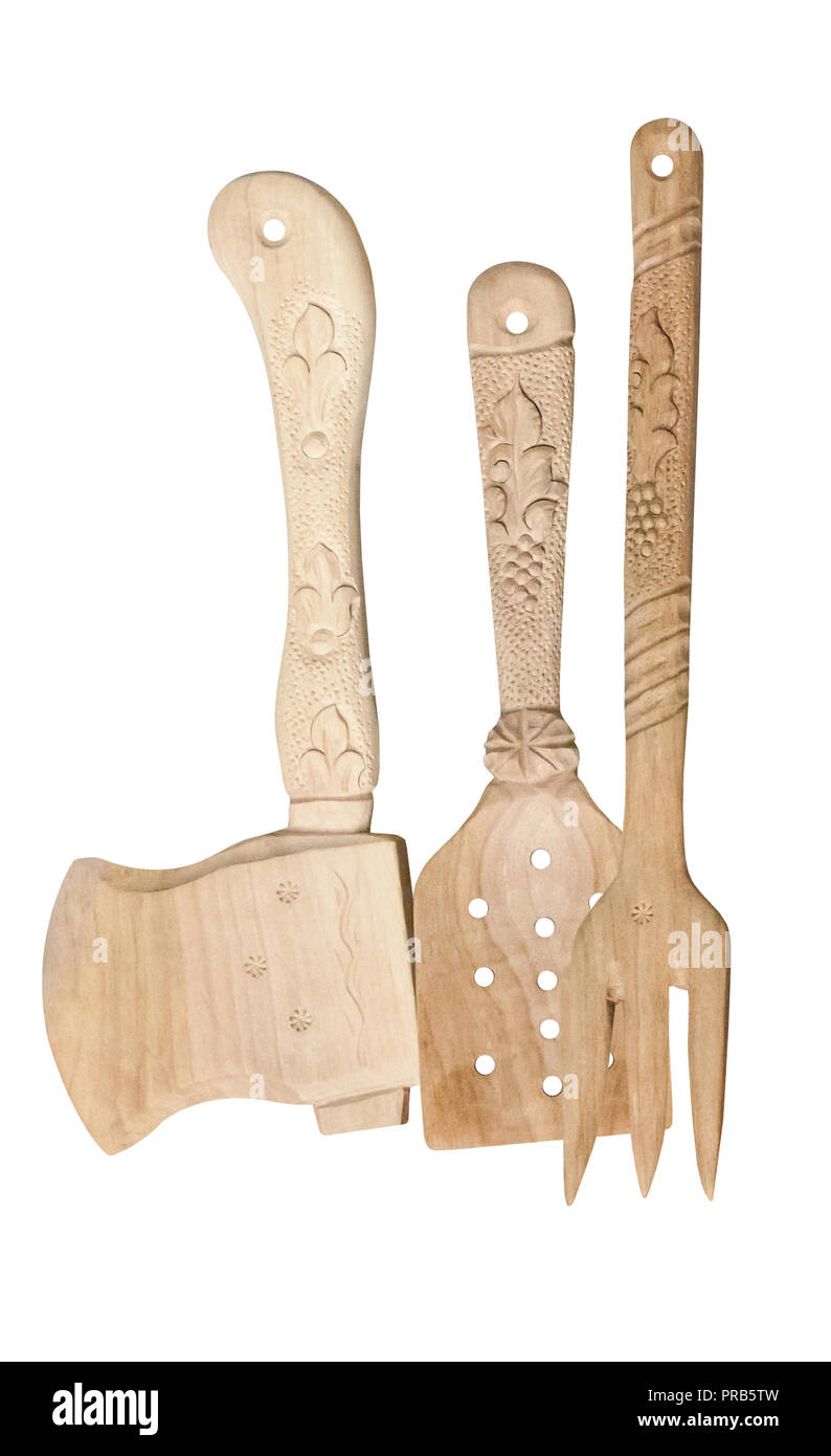 Outils en bois de cuisine traditionnelle des Balkans, ax, fourchette, spatule, sculpté Banque D'Images