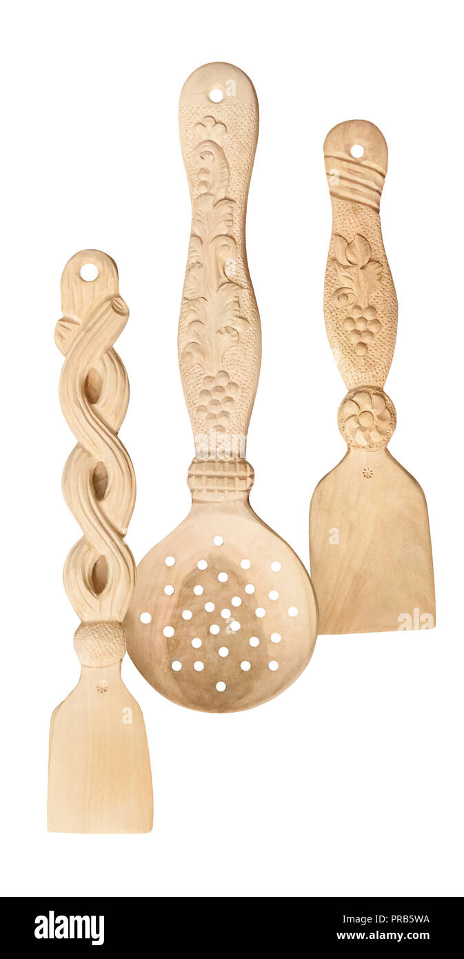 Cuisine traditionnelle des Balkans, outils en bois, tamis, spatule, sculpté Banque D'Images