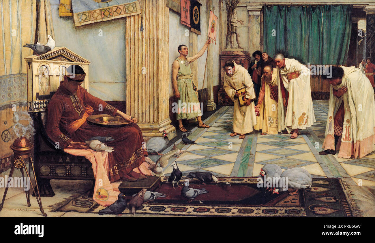 John William Waterhouse, les favoris de l'empereur Honorius, vers 1883, huile sur toile, Musée des beaux-arts de l'Australie du Sud. Banque D'Images