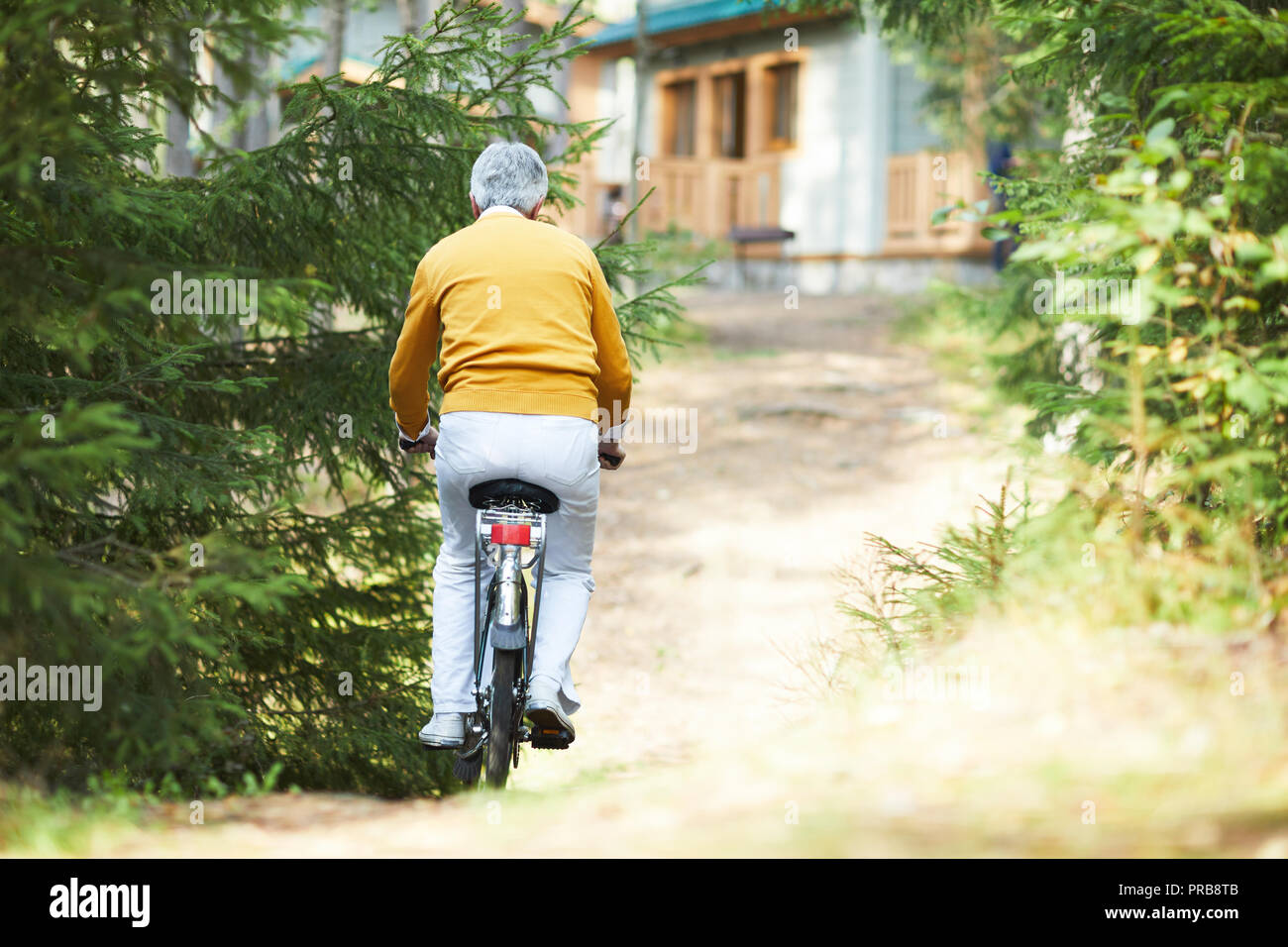 Vue arrière du vieil homme aux cheveux gris en jaune pour homme équitation location jusqu'à country house, senior man cycling sur chemin accidenté Banque D'Images