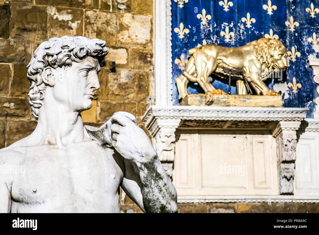 Close up du David de Michel-Ange tête dans la Piazza della Signoria Florence, Italie Banque D'Images