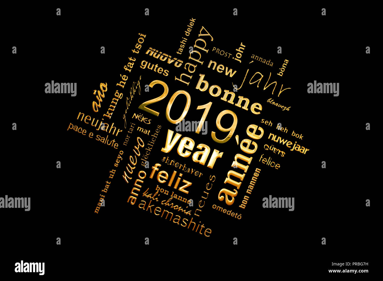Carte de vœux de nouvel an 2019. Nuage de mots multilingues, lettres dorées sur fond noir Banque D'Images
