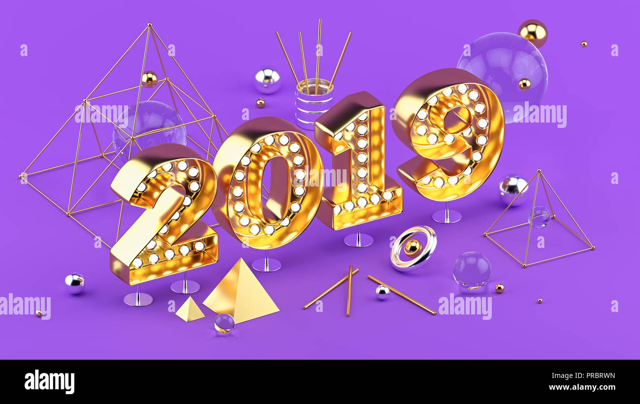 Bonne Année 2019 3D isométrique illustration pour poster ou d'une carte de vœux conception. Banque D'Images