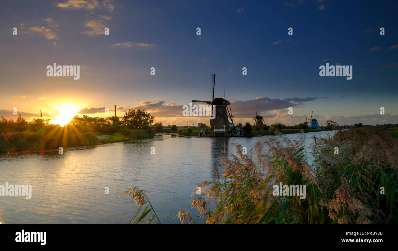 Heure d'or de l'automne la lumière sur les moulins, les canaux et les polders de Kinderdijk, près de Rotterdam, Pays-Bas Banque D'Images