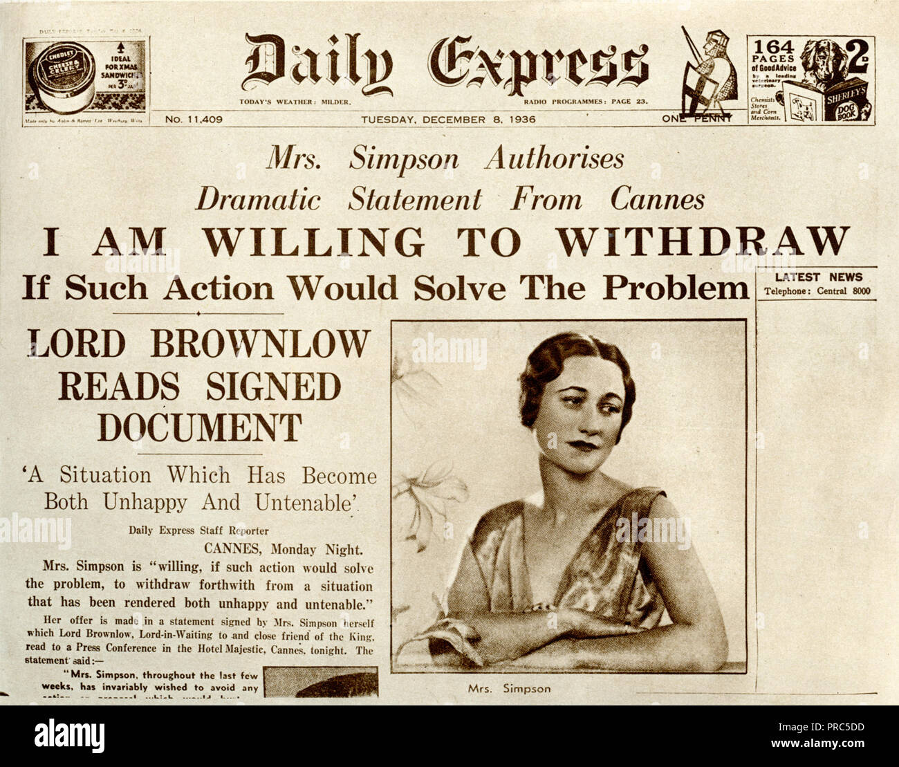 Daily Express front page datée du 8 décembre 1936 portant un article que Wallis Simpson l'American socialite serait disposé à se retirer de sa relation avec le roi Édouard VIII pour résoudre la crise constitutionnelle Banque D'Images