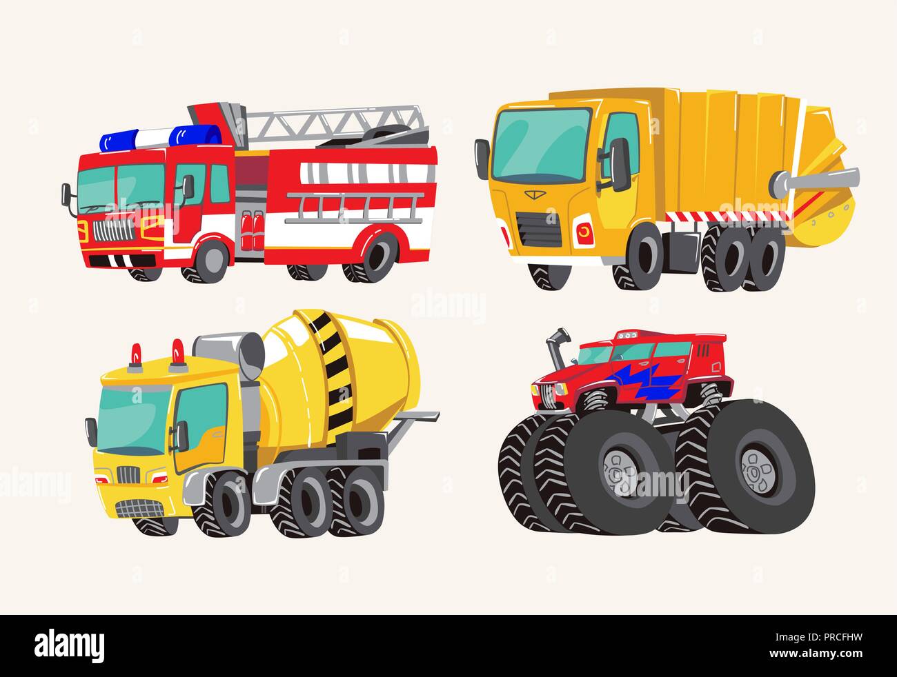 Funny cute cartoon dessiné à la main des véhicules. Cartoon lumineux camion à incendie, pompiers, camion poubelle, camion malaxeur de béton, et monster truck. Les éléments de transport enfants vector illustration sur fond clair Illustration de Vecteur