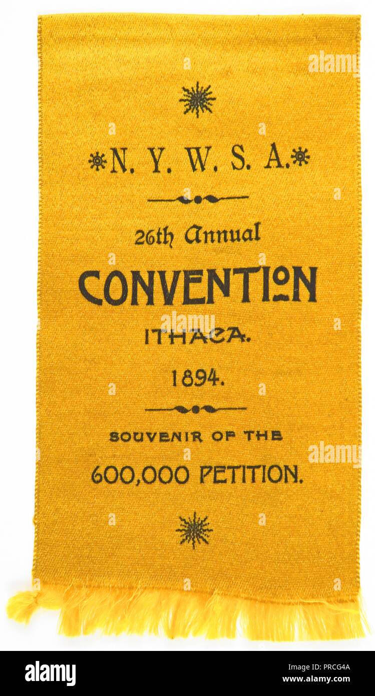 Le suffrage ou ruban jaune d'un insigne, donnés par l'État de New York Woman Suffrage Association (NYWSA) lors de leur 26e congrès annuel à Ithaca, New York, à l'occasion de recueillir 600 000 signatures de pétition New York's Convention constitutionnelle d'inclure un suffrage universel lame de la nouvelle constitution, fabriqués pour le marché américain, 1894. Photographie par Emilie van Beugen. () Banque D'Images
