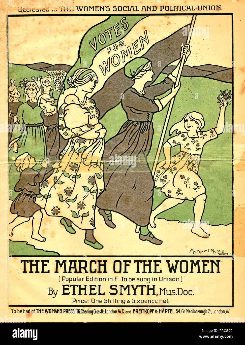 Partitions pour couvrir l'anglais Women's Union sociale et politique en matière de chanson,'Le Mars de la femme," composé par Ethel Smyth, avec un vert, violet, blanc et l'image des femmes et des filles, y compris une jeune mère tenant un bébé au premier plan, et d'une femme tenant une bannière avec le texte "le vote des femmes", publié à Londres, pour le marché britannique, 1910. () Banque D'Images