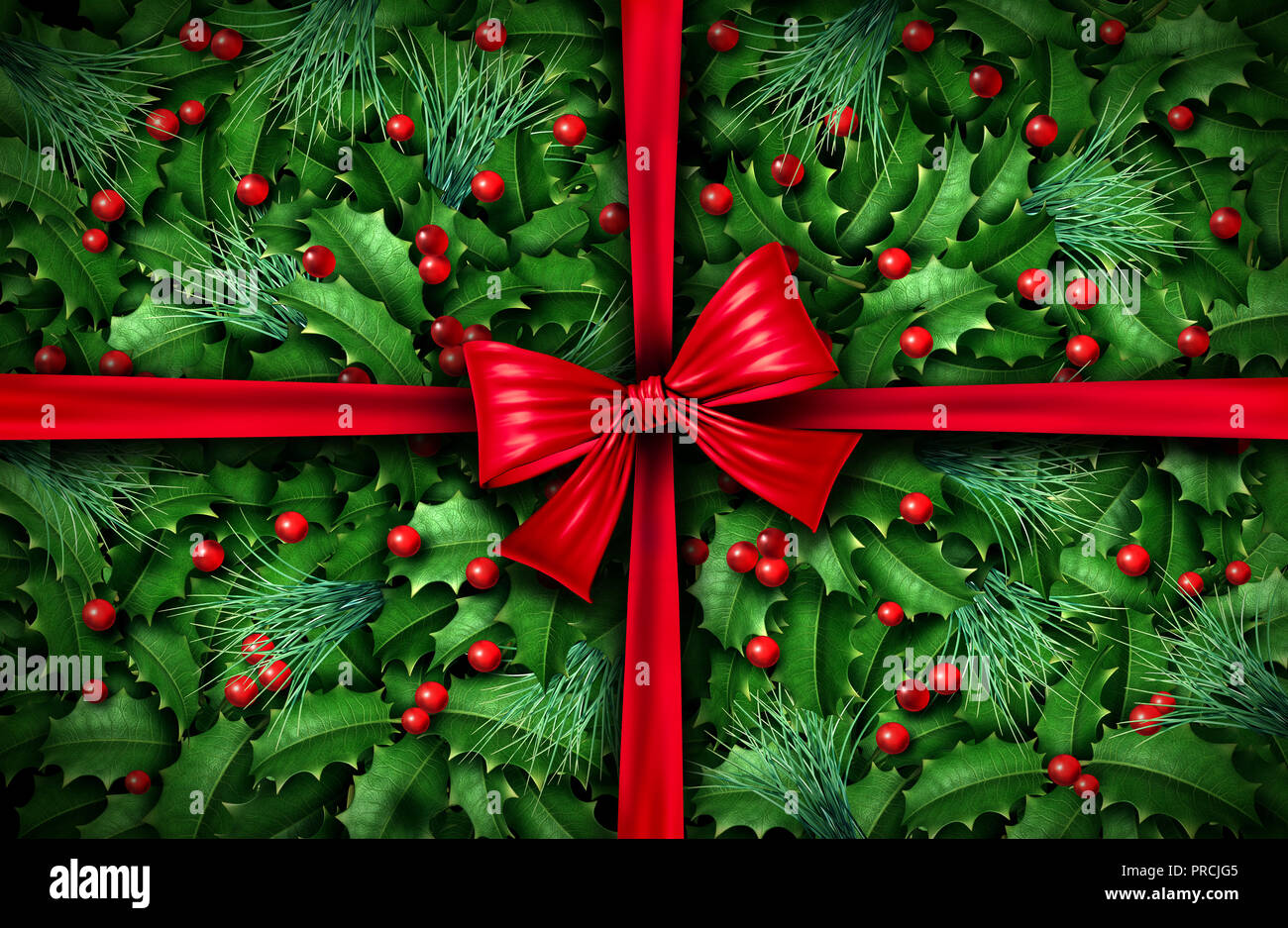 Maison de vacances d'hiver classique décoration comme un cadeau emballé avec des feuilles de houx et de pin rouge comme un cadeau de Noël cadeau en rendu 3D de fête. Banque D'Images