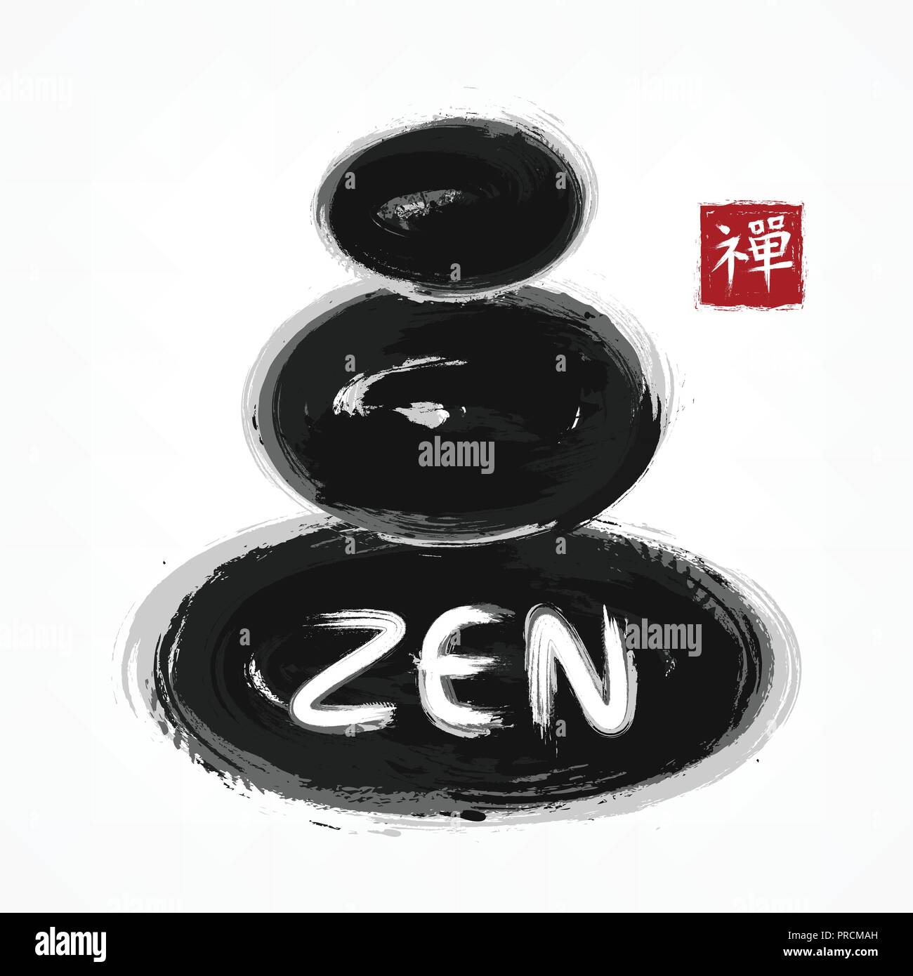Zen Stone pile . Sumi e style . La conception de l'aquarelle d'encre . Gris Noir couleur se chevauchent . La place Rouge stamp avec calligraphie kanji (chinois . Le Japon Illustration de Vecteur