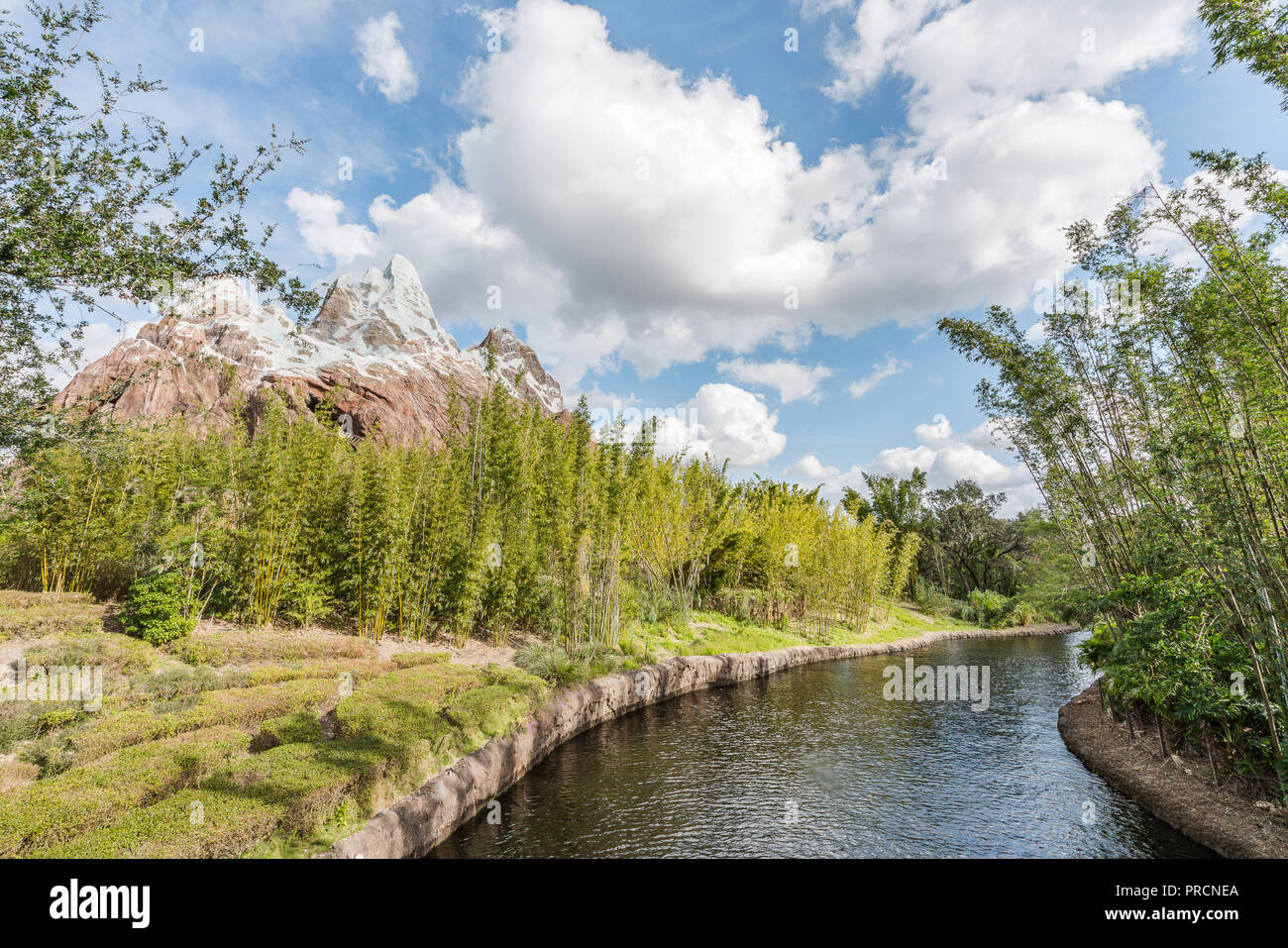 Orlando, Floride - DEC 2017 - Forêt avec lac artificiel et la montagne de la neige dans un ciel bleu fond jour Banque D'Images