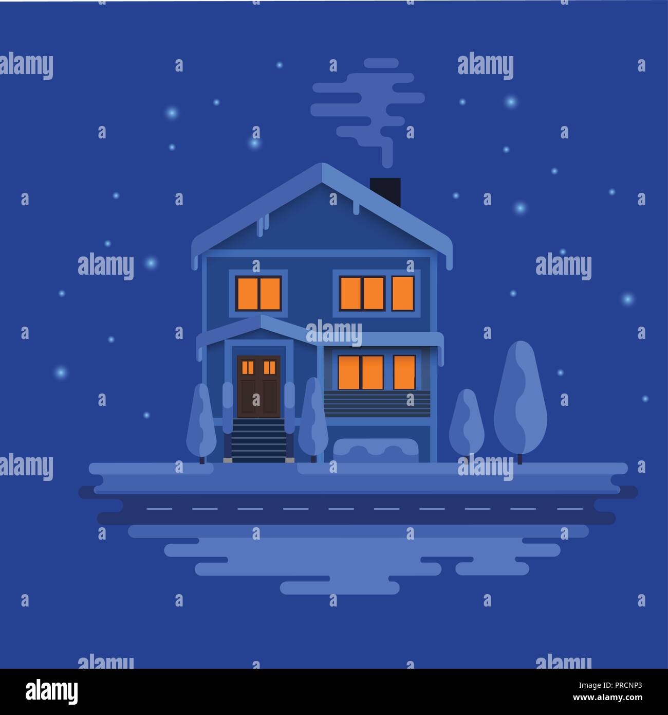 Scène d'hiver avec ville européenne de nuit. Belle maison couverte de neige. Concept de Noël faite en vecteur. L'architecture de saison. télévision illustration. Illustration de Vecteur