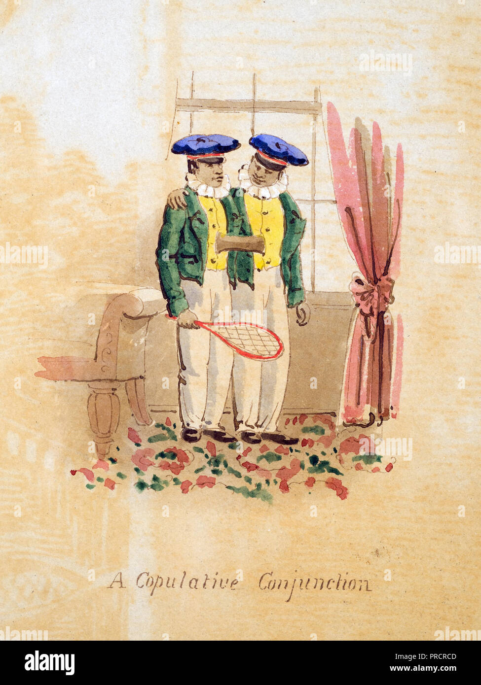 Chang et Eng Bunker posés en face de la fenêtre, avec l'un des jumeaux holidngs une raquette de badminton. ca. 1830 Banque D'Images