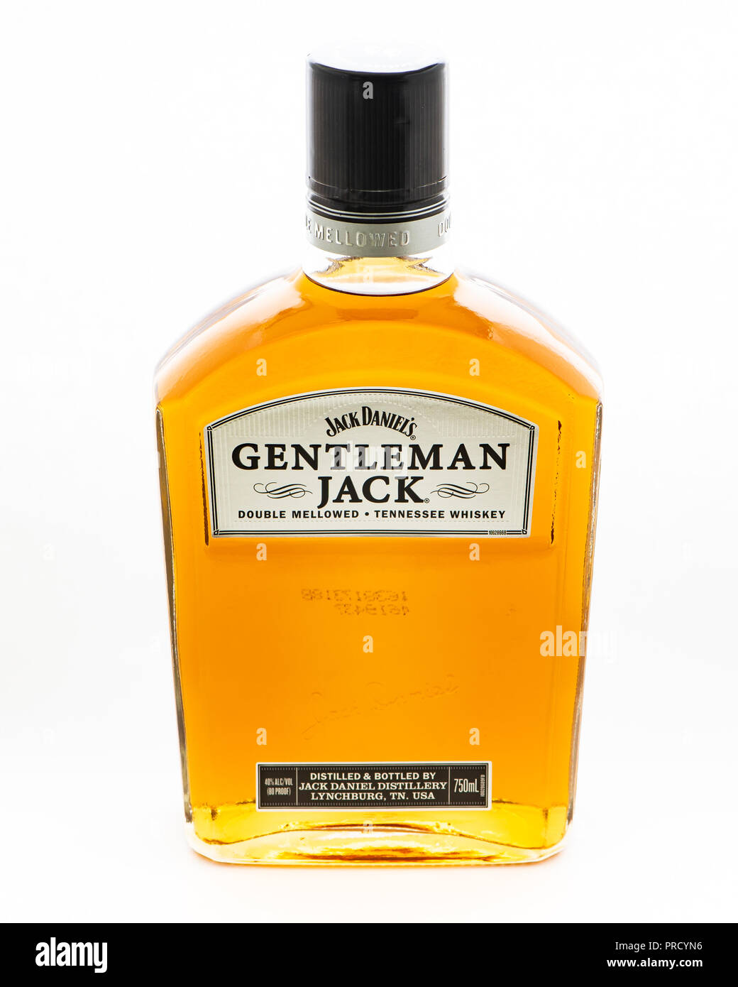 Une bouteille de Jack Daniel's Gentleman Jack adouci double Tennessee whiskey. Banque D'Images