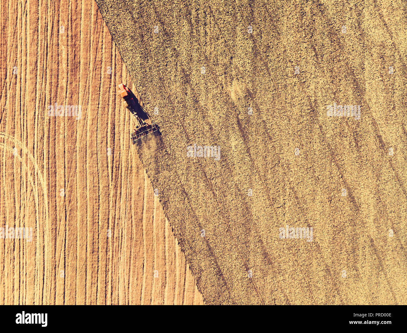 Tracteur travaillant dans les champs, vue aérienne. Le foin sur le terrain. La vue du sommet. Les récoltes du tracteur de l'herbe sèche. Banque D'Images