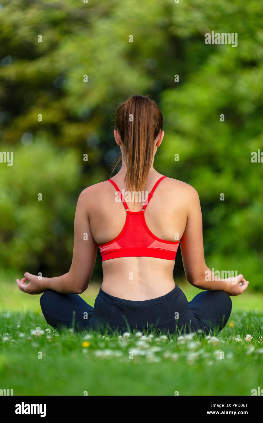 Vue arrière du jeune homme ou femme en bonne santé fit girl practicing yoga pose à l'extérieur dans un parc naturel de l'environnement verdoyant et tranquille Banque D'Images