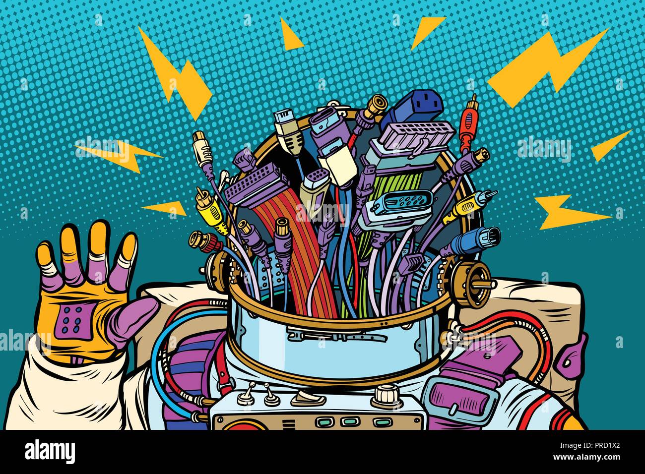 Chaos de câbles adaptateurs, astronaute de l'avenir cyber Illustration de Vecteur