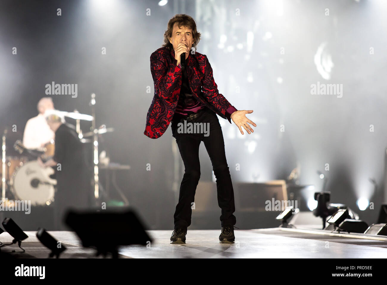 Danemark, copenhague - le 3 octobre 2017.Les Rolling Stones, le légendaire  groupe de rock anglais, effectue un concert live à Telia Parken de  Copenhague. Ici, chanteuse et compositrice Mick Jagger est vu