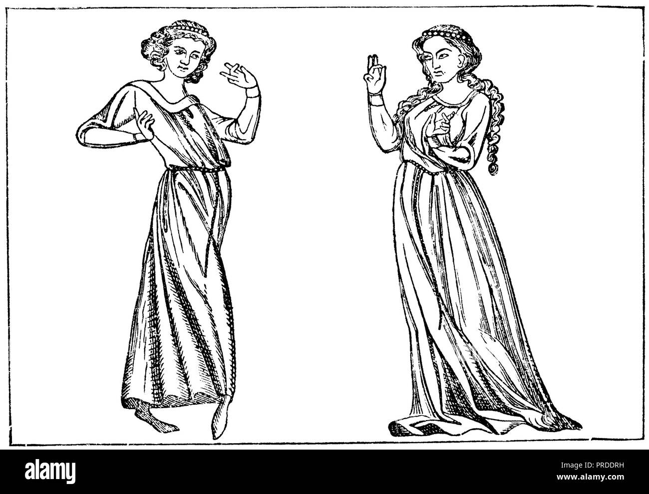 L'Allemagne au 14e siècle. La danse. Gravure sur bois, après une photo de ménestrel contemporain, manuscrit. Banque D'Images