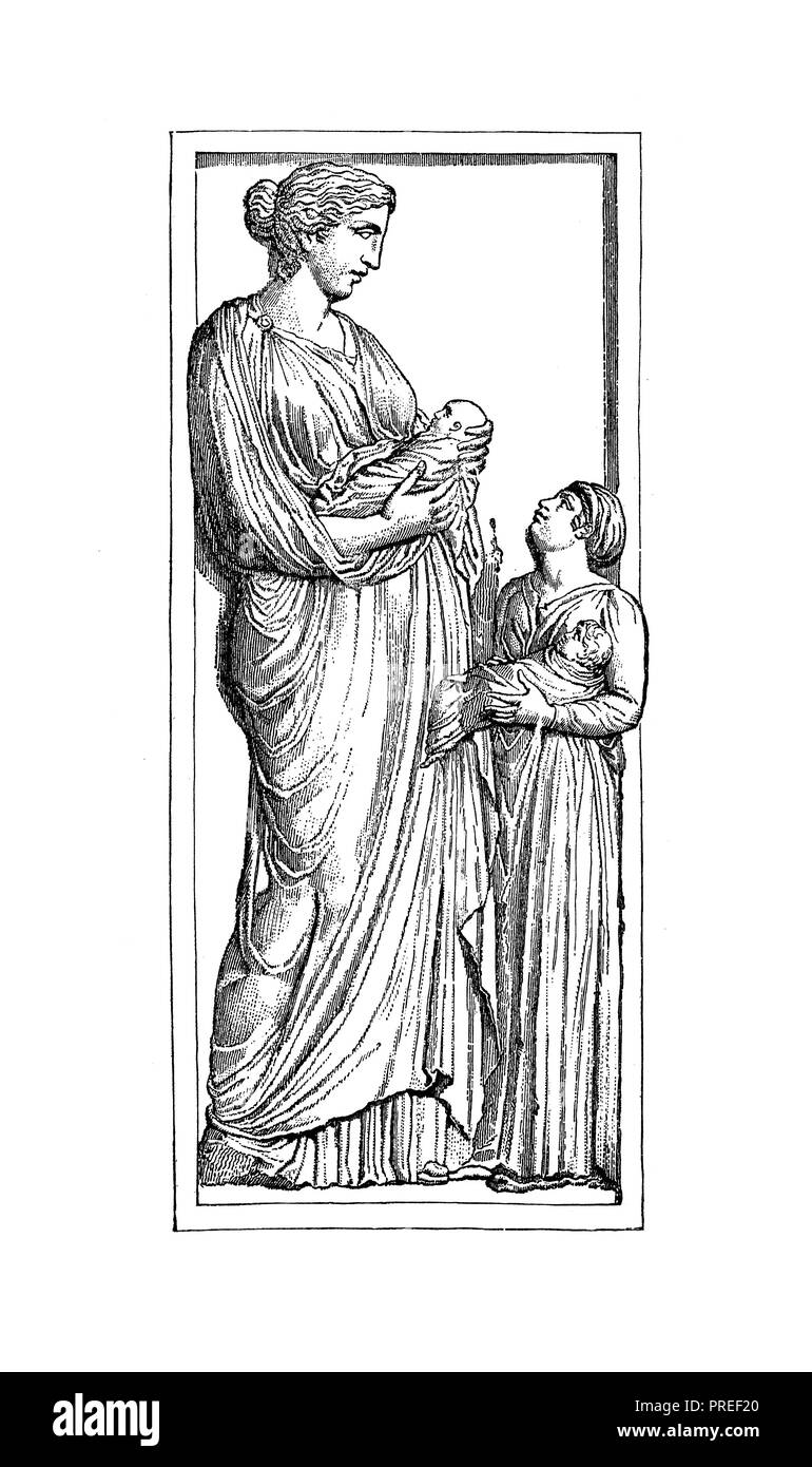 Dessin original d'une mère grecque avec ses enfants - exemption dans le Louvre. Publié dans histoire illustrée des grandes nations : de l'e Banque D'Images