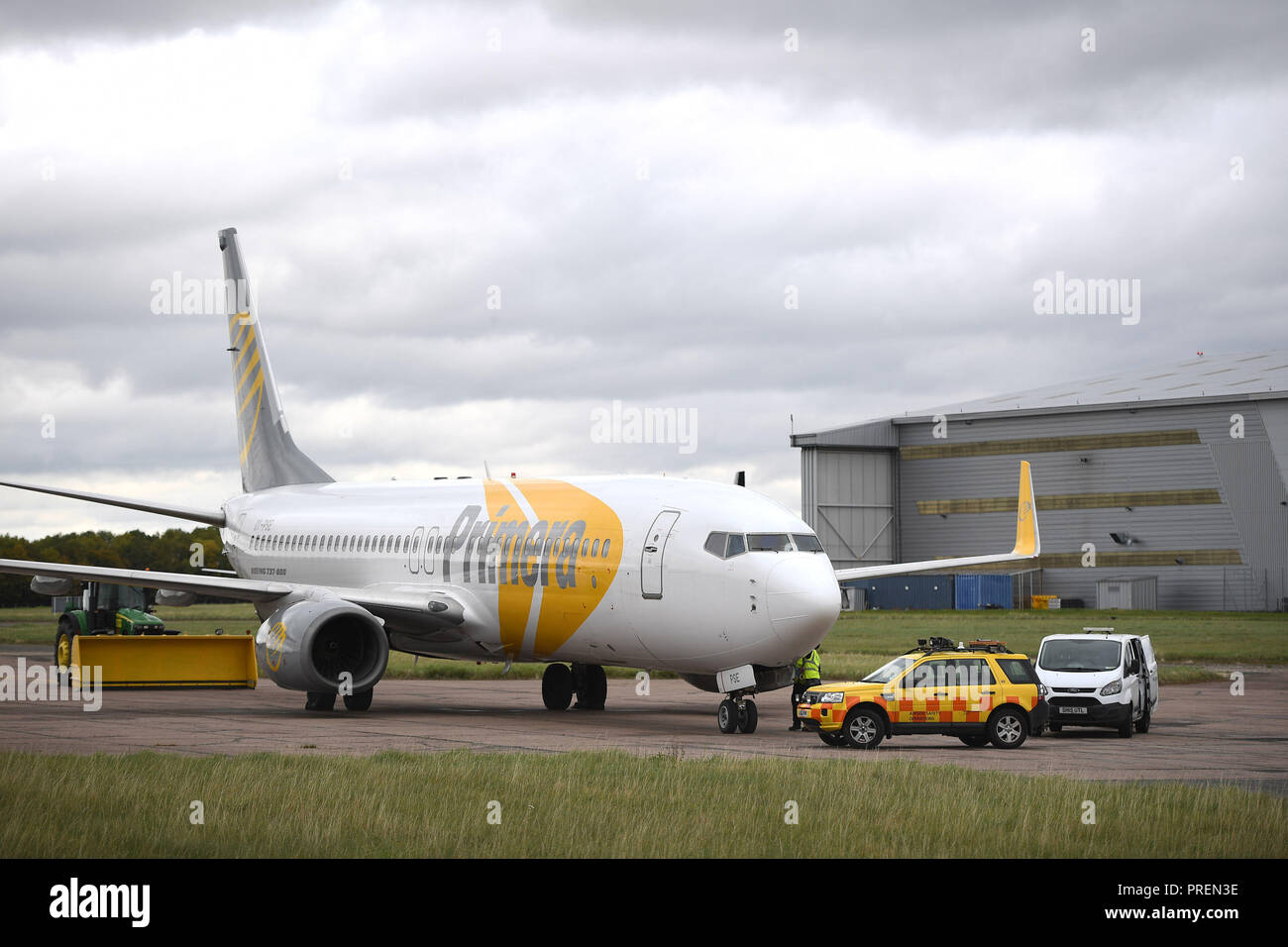 Un avion à l'aéroport de Stansted Primera, la compagnie aérienne discount danois a cessé ses activités avant de pourvoir à la faillite et les passagers ont été avertis de ne pas mettre en place pour les vols. Banque D'Images
