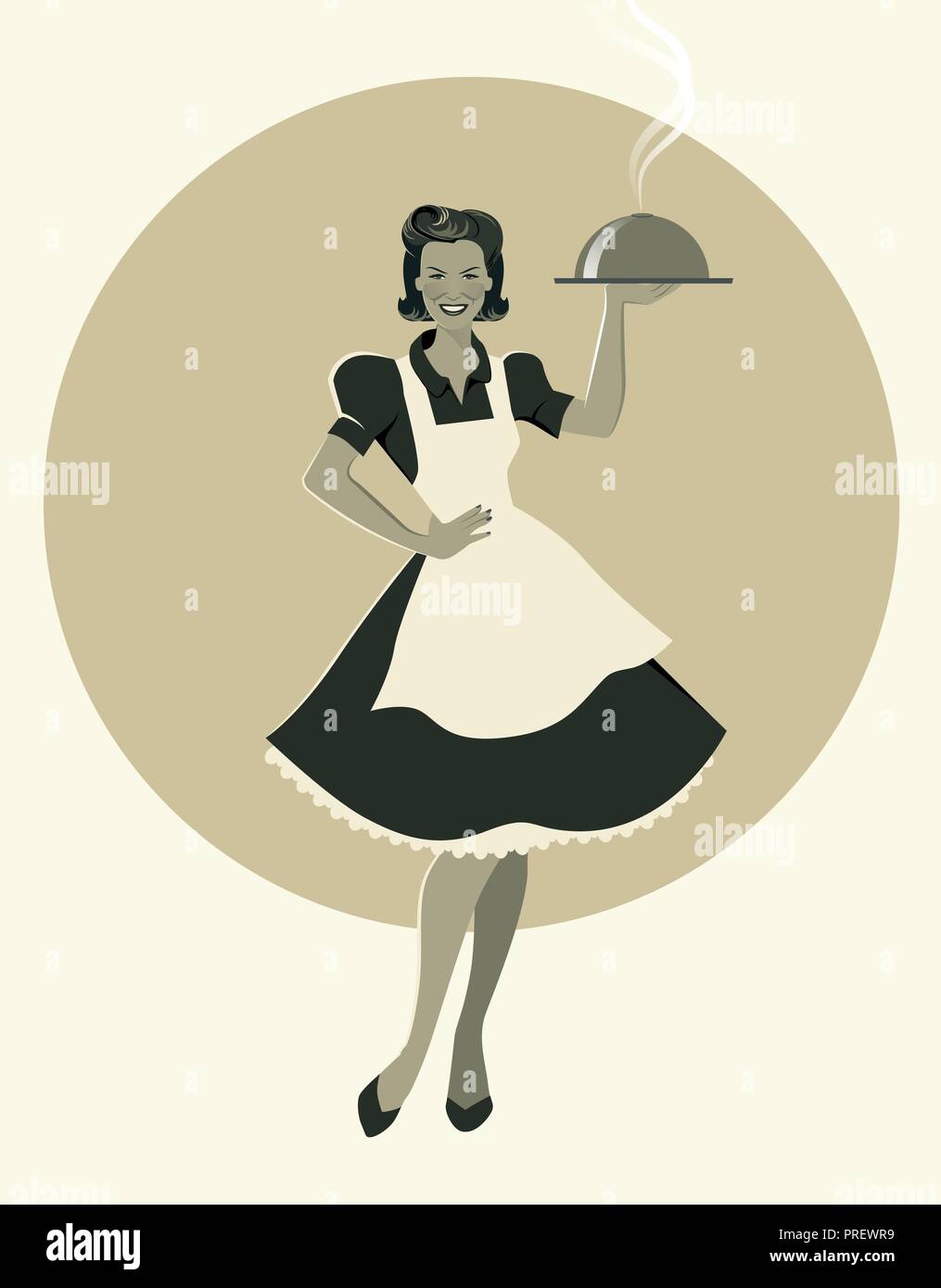 Femme au foyer portant un plateau avec le dîner. Style rétro. Vector Illustration Illustration de Vecteur