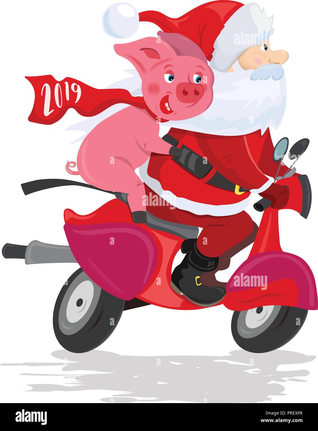 Le Père Noël et cochon sur un scooter rouge Illustration de Vecteur