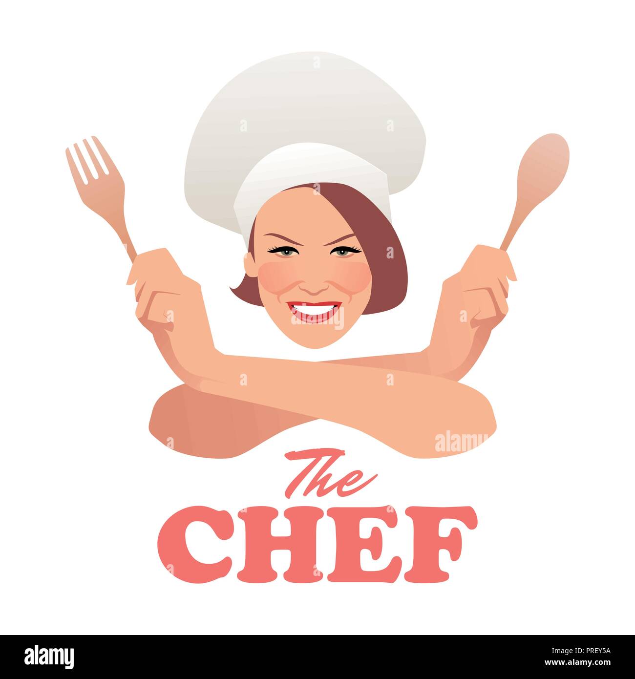 Femme Chef. Belle cuisine avec une cuillère de bois et de la fourchette.  Retro style Image Vectorielle Stock - Alamy