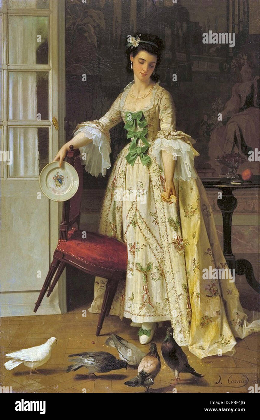 Joseph Caraud - nourrir les pigeons tout en maintenant une "chine De Commande' Armorial Dinnerplate Banque D'Images