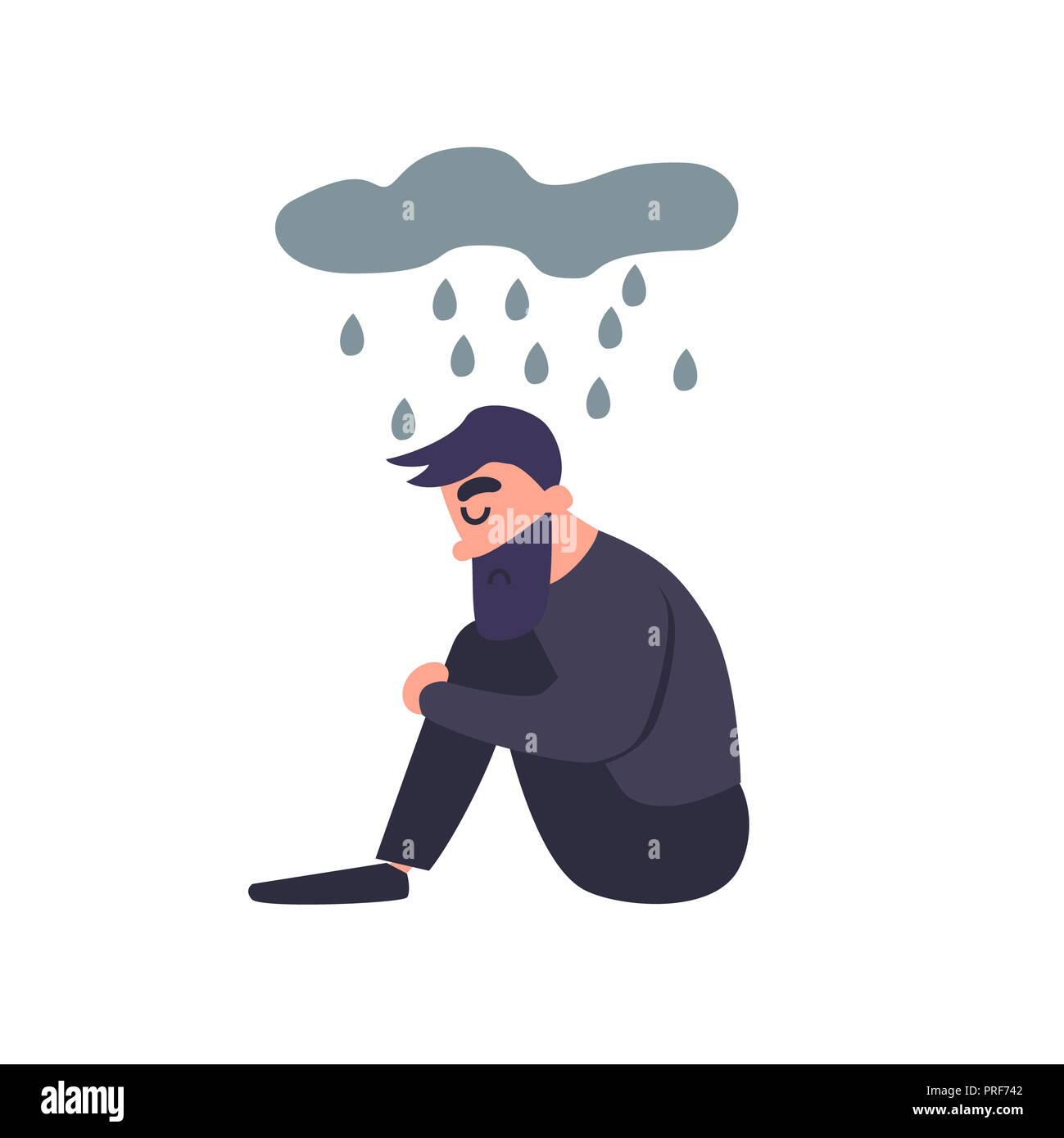Triste homme est assis sous la pluie. Morne tristesse seul déprimé jeune homme pense à la bad. Guy malheureux. Trouble mental. Banque D'Images