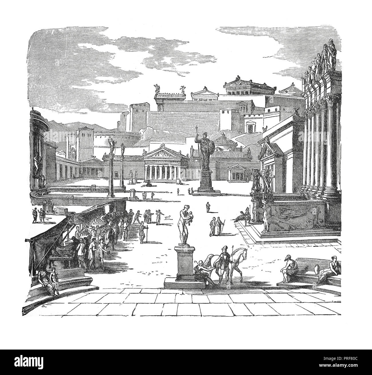 Dessin original de la place du marché de Sparte - (restauration, dessiné par J. Hoffmann). Publié dans histoire illustrée des grandes nations : Banque D'Images