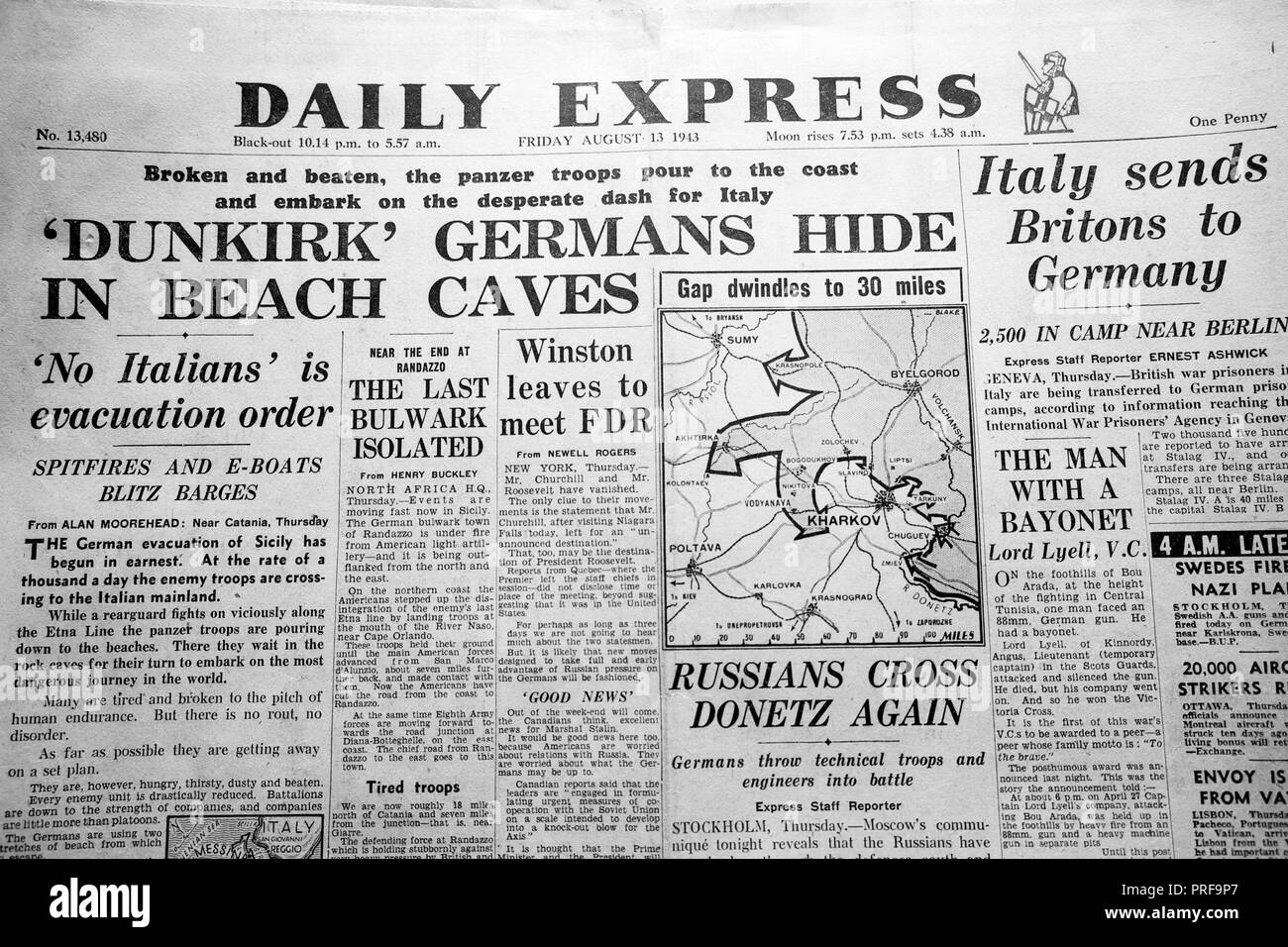 La une des journaux du journal Daily Express "unkirk allemands se cacher dans les grottes de la plage' Seconde Guerre mondiale WWII London England UK Août 1943 Banque D'Images