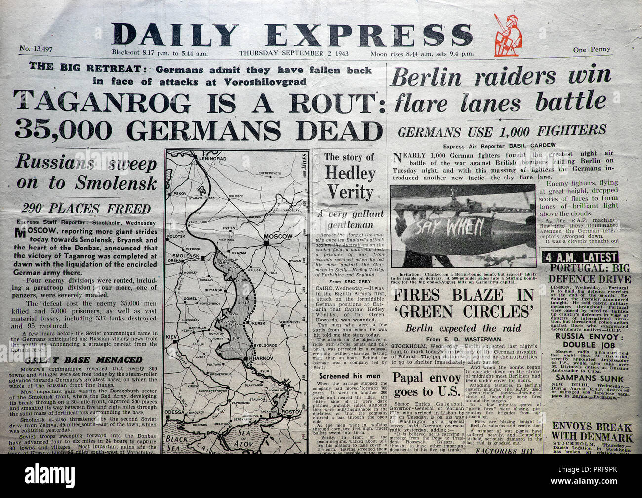 'Taganrog est une déroute : 35 000 Allemands morts' du journal du journal Daily Express 2 septembre 1943 Londres Royaume-uni archive historique Banque D'Images