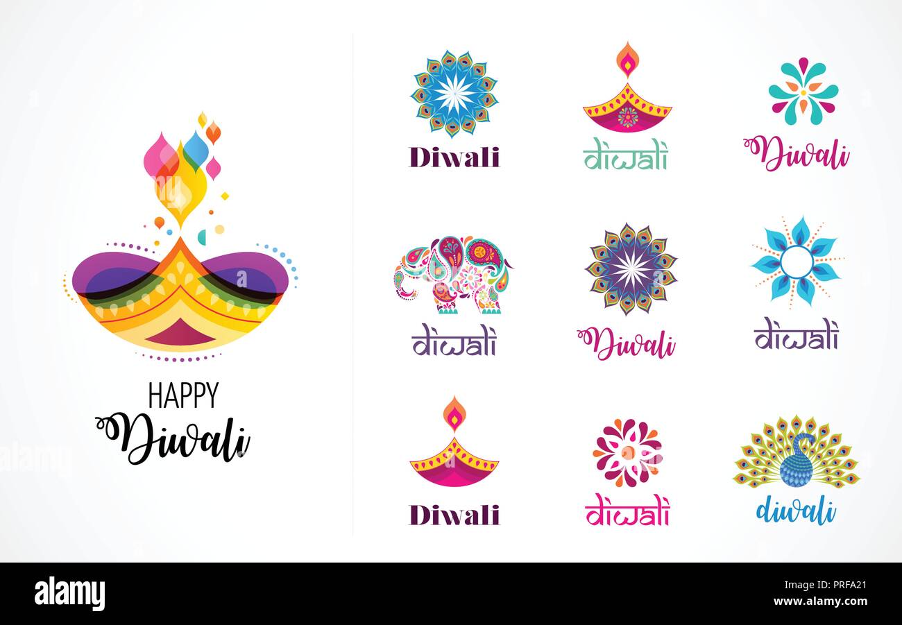 Happy Diwali festival hindou icônes, éléments, mettre le logo. Diya gravure illustration, fête des lumières de l'Inde Illustration de Vecteur